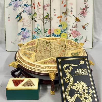 The Franklin Mint Collectors Edition Chinese Checkers Set & 4x Silk Hand Painted Panels!