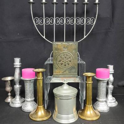Mixed Metal Candleholders, Menorah & Pewter Lidded Vessel