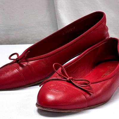 CHANEL Red Leather Ballet Flats
