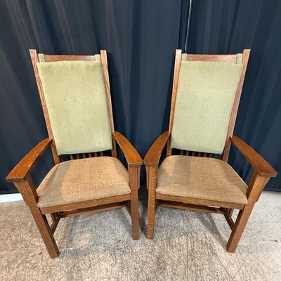 Pair of Mission-Style High Back Oak Arm Chairs with Upholstered Seats