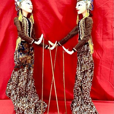 Pair of Traditional Wayang Golek Rod Puppets – Hand-Carved & Painted