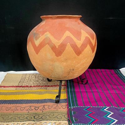 Pottery Vessel, Hand Woven Rug And Guatemalan Throw 