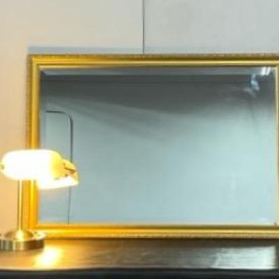 Ornate Gold tone Beveled Mirror  & Banker’s Lamp