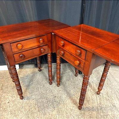 Pair of Antique “Davis” Mahogany Drop-Leaf Side Tables with Turned Legs