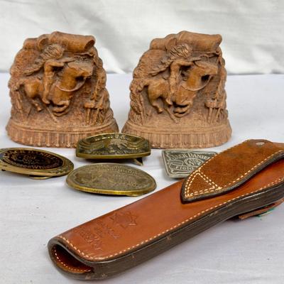 Vintage Brass Belt Buckles, Book Ends & Leather Holster 