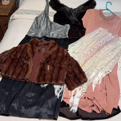 “Vintage Clothing Collection – 1940s Mink Bolero, Art Deco Beaded Dress, Velvet Gown & Lace Wrap”