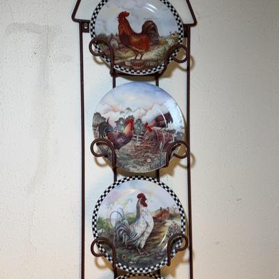 Decorative Chicken Collector Plates with Metal Wall Rack – Farmhouse Country Kitchen Decor