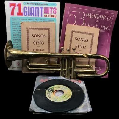 Vintage Trumpet with Sheet Music & Records Lot