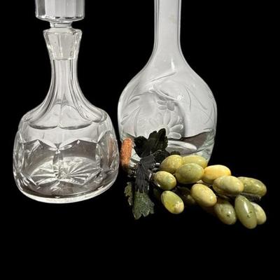 Lot of 2 Vintage Glass Decanters & Onyx Stone Grape Cluster – Mid-Century Barware & Décor