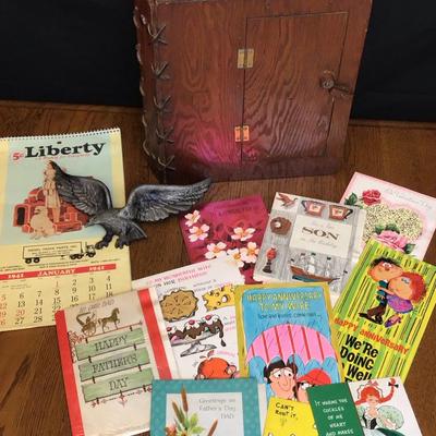 Vintage-Inspired Collection – Wooden Binder, 1997 Retro Calendar, Unused Greeting Cards & Metal Eagl