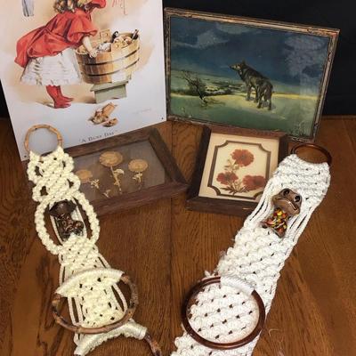 Vintage Wall Decor & Macramé Lot – Framed Prints, Retro Hangers, and More
