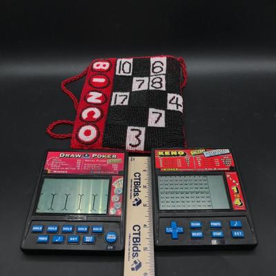 Game Night Lot – Beaded Bingo Bag + Radica Handheld Games (Poker & Keno)