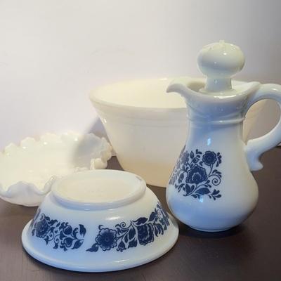Vintage Milk Glass Collection – Avon Blue Floral Bath Oil Pitcher, Matching Bowl & Fire-King Mixing 