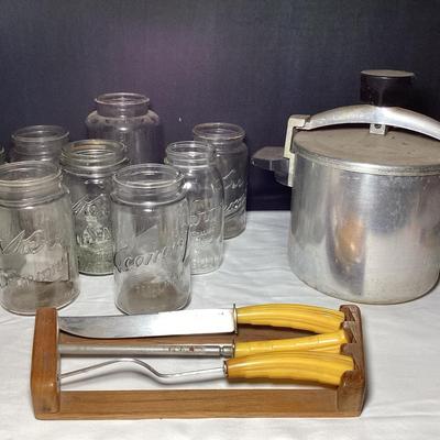 Assortment of Vintage Kerr Jars, Bakelite Handle Carving Set & Wear-Ever Chicken Bucket