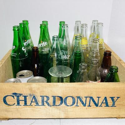 Vintage Soda Bottle & Can Collection w/ Mountain Dew Goblet & Wooden Wine Crate