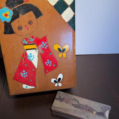 Vintage Japanese Wooden Boxes – Hand-Painted Kimono Girl & Scenic Sliding-Lid Puzzle Box