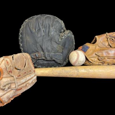 “Mid-Century Baseball Gear Lot – Pete Rose Louisville Slugger, Spalding Glove, Vintage Mitt & More”