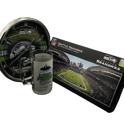 Seattle Seahawks Memorabilia Lot – Clock, Puzzle, & Signed Loud & Proud Vodka Glass