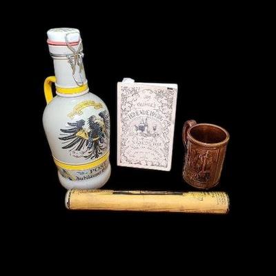 Vintage Breweriana Lot – German Jubilee Beer Bottle, Gesundheit Mug, Home Wine Making Book & More
