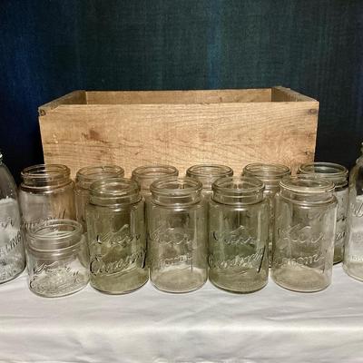 Large Vintage Kerr Glass Jar Collection with Rustic Wooden Crate – 13 Jars
