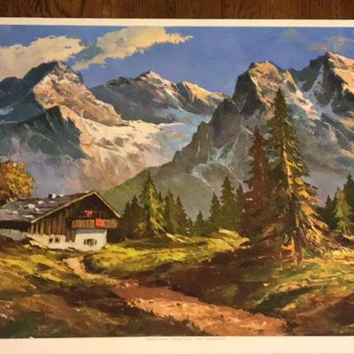 “Pair of Vintage Mountain Landscape Lithographs – Gaston & Paul Chalk Alpine Cabin Prints”