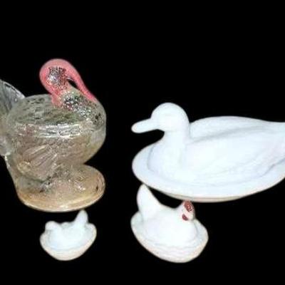 Vintage Poultry Candy Dish Collection – Milk Glass & Clear Glass Hen, Duck, & Turkey Dishes