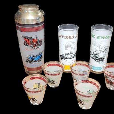 Vintage Mixed Drink Set – Antique Auto Glasses with Shaker