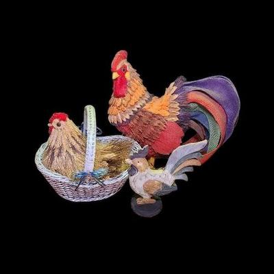 Vintage Folk Art Rooster & Chicken Décor Set – “That Chicken” 1991 Signed