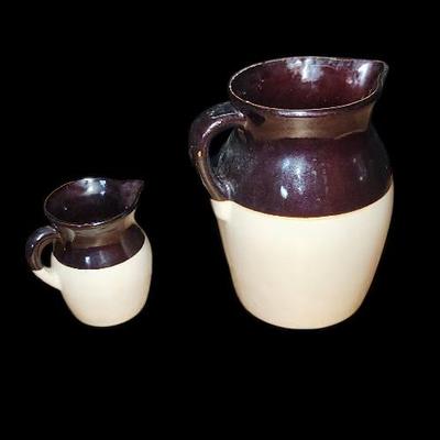 Pair of Vintage Stoneware Pitchers – Brown & Cream Glaze