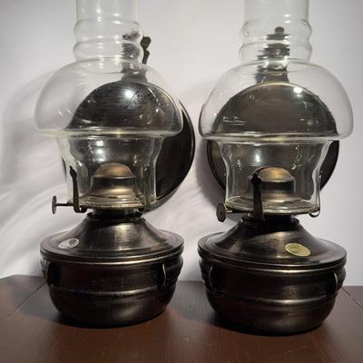 Pair of Vintage Kaadan Ltd. Wall-Mount Oil Lamps – Pewter-Tone Metal with 10” Glass Chimneys