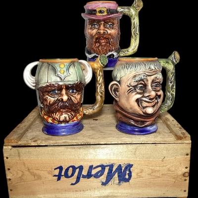 Vintage Hand-Painted Toby Face Mug Trio with Wooden Wine Box