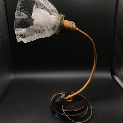 Vintage Table Lamp with Etched Glass Shade & Copper Double Candleholder