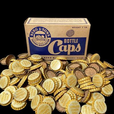 Vintage Berg & Sons 1 lb Box of Lithiated Lemon Soda Bottle Caps – Pre-1948 Unused