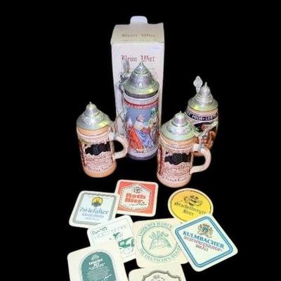 Set of 4 Collectible German Beer Steins w/ Pewter Lids + Vintage German Beer Coasters