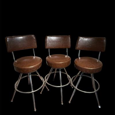 Set of 3 Retro Swivel Bar Stools – Brown Vinyl with Chrome Base