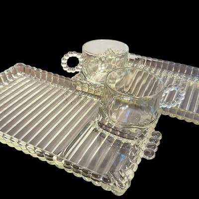 Vintage Clear Glass Snack Tray Set with Pinch Glasses – 16 Plates & 16 Cups