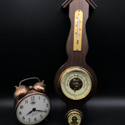 Vintage Gabriel Twin Bell Alarm Clock & Wood Weather Station