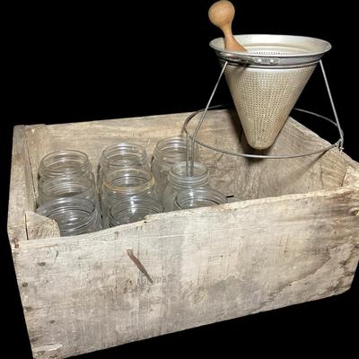 Old Wooden Crate With 9 Vintage Mason Jars