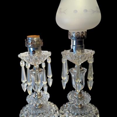 Vintage Crystal Boudoir Lamps with Glass Prisms & Etched Shade – 1940s Art Deco Hollywood Regency Pa