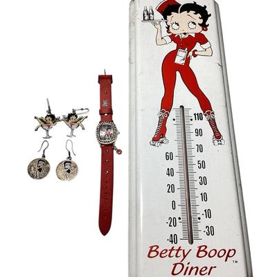 Betty Boop Collectible Lot – Sterling Earrings, Watch & Diner Thermometer