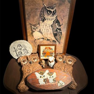 Vintage ‘Screech’ Owl Print by Richard Hinger + Matching Artful Owl Ceramics & Handmade Collectibles