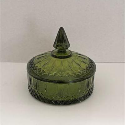 Discontinued Indiana Glass Princess Avocado Green Candy Dish .jpg
