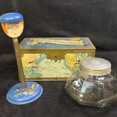 Tin Friendship Treasure Chest, Vintage Wood Hat Holder Girl And Aridor Glass Jar