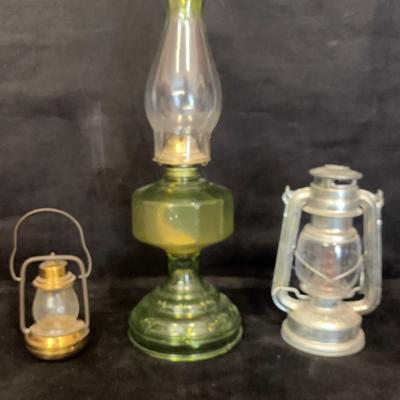 Green Glass Hurricane Oil Lamp And More