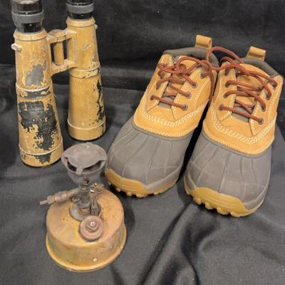 LL Bean Women's Boots, Vintage Military Binoculars And Gas Camping Stove