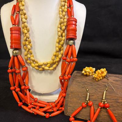 Multi-Strand Beaded Wood Necklaces & Earrings
