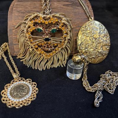 Vintage Dominique Lion Pendant Necklace, Perfume Locket And More