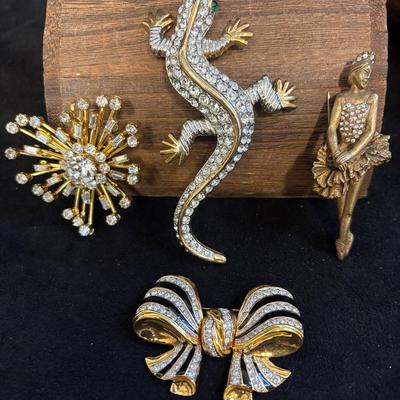 Crislu Ballerina Brooch, Rhinestone Gecko, Heart And Bow Brooches