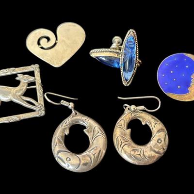 Vintage Mexico Sterling Carved Blue Glass Earrings And Other Sterling Brooches And Earrings