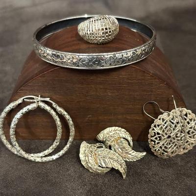 Sterling Silver Jewelry, Dome Ring, Leaf Earrings, Textured Hoops 